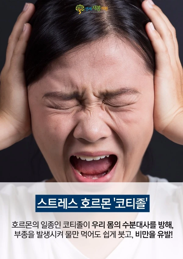 Stress hormone “cortisol”: the post describes cortisol as interfering with the body’s water metabolism, causing swelling even when only water is consumed and contributing to obesity.